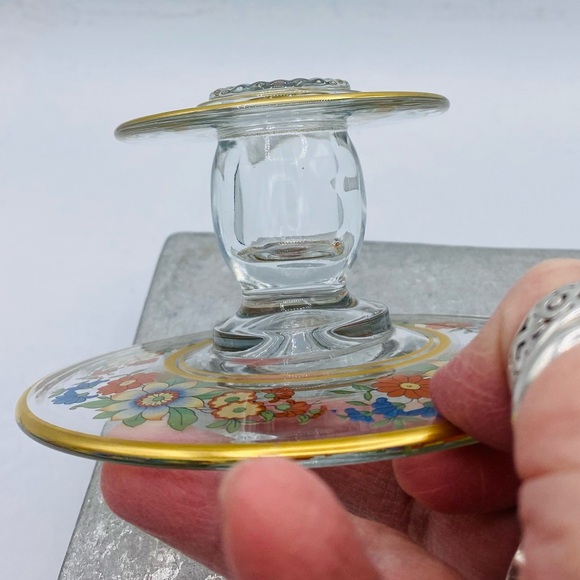 Vintage Clear Glass Candle Holder Multi/Color Floral Design Accented With Gold - Picture 7 of 8